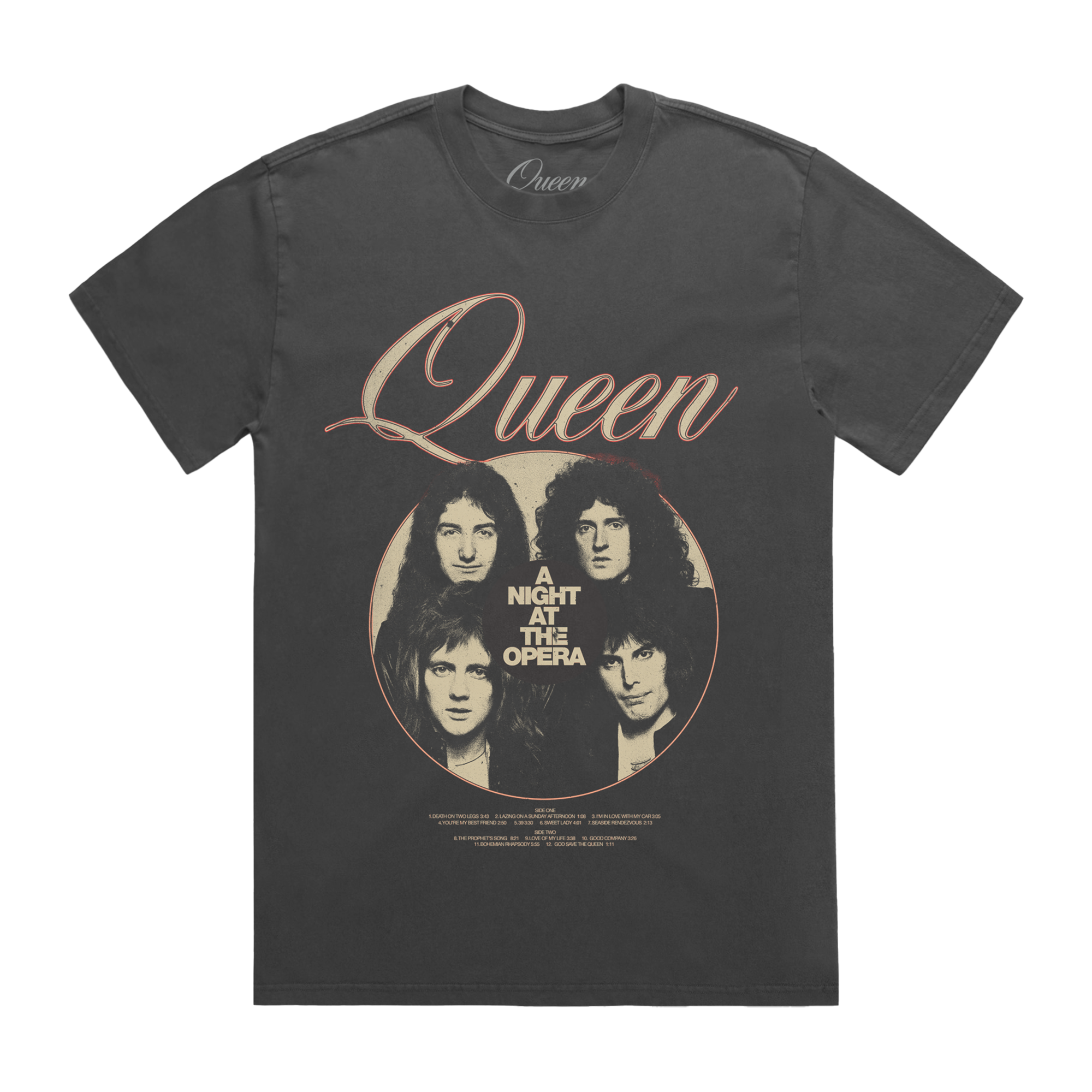Faded black t-shirt with Queen band logo and 'A Night at the Opera' graphic on front print