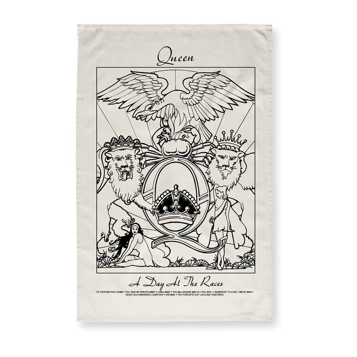 An off-white tea towel featuring a black line art graphic of the Queen's 'A Day At The Races' crest, complete with lions, a winged horse, and a crown.